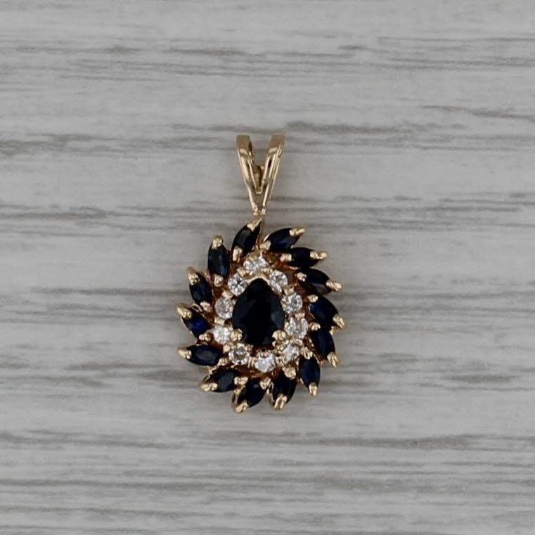 1.28ctw Blue Sapphire Diamond Teardrop Pendant 14k Yellow Gold