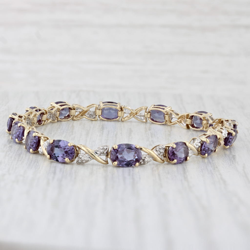 Light Gray 14.03ctw Lab Created Alexandrite Diamond Tennis Bracelet 10k Yellow Gold 7.25"