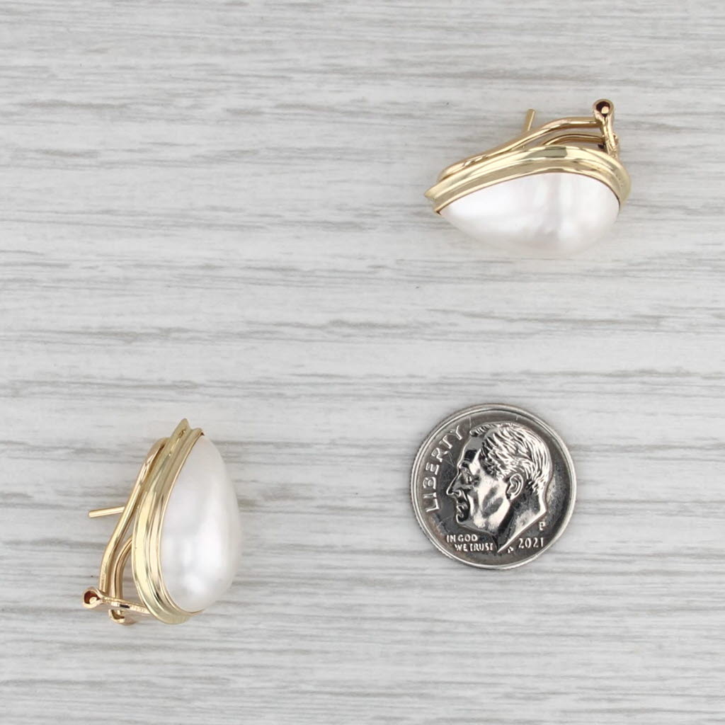 Mabe Pearl Pear Cabochon Teardrop Earring 18k Yellow Gold Omega Backs