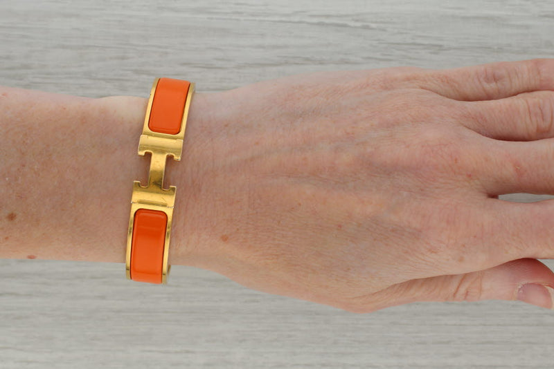 Rosy Brown Hermes Bangle Bracelet Orange Enamel Click H Designer Statement 6.25"