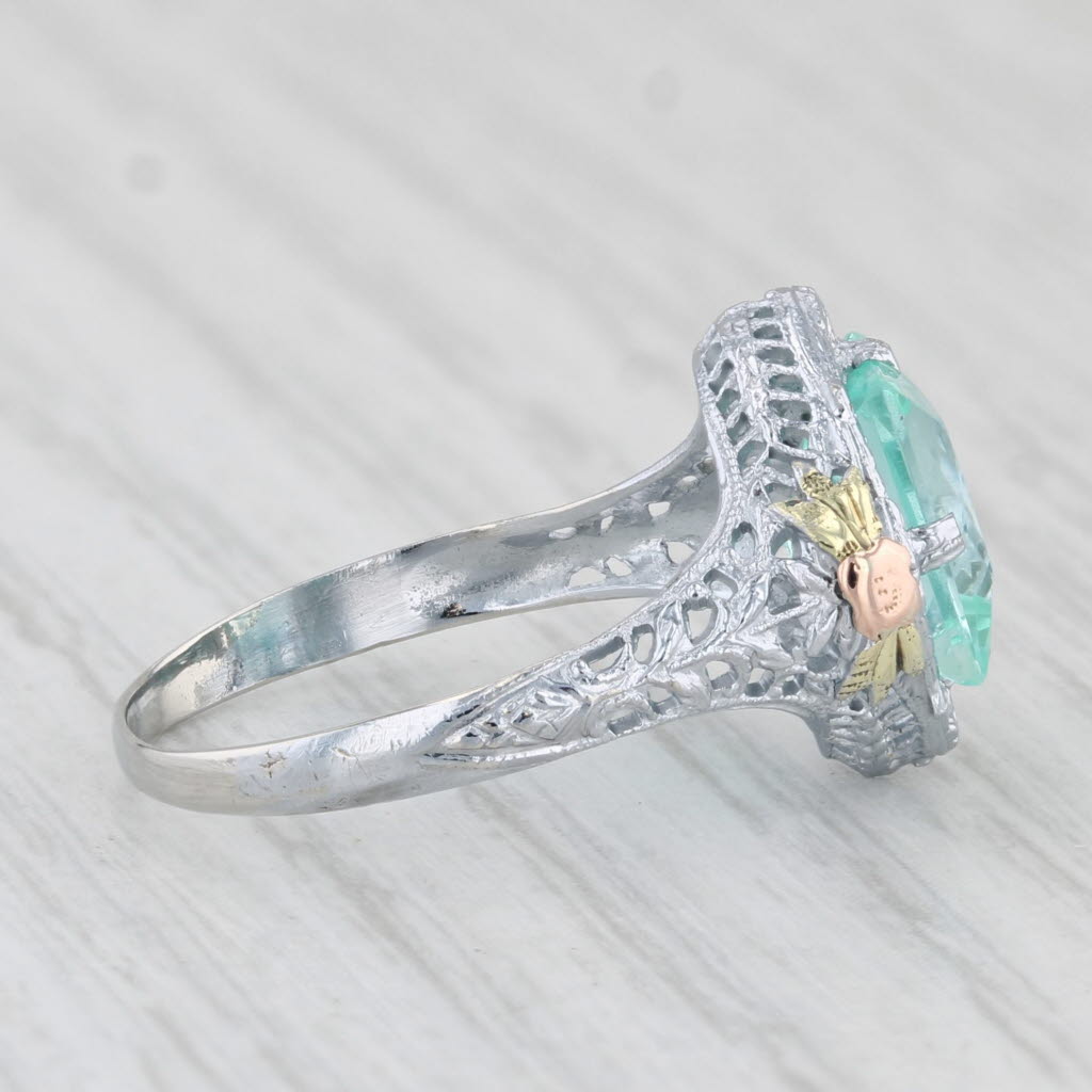 Light Gray Vintage Lab Created Green Spinel Ring 10k White Gold Filigree Size 6.25