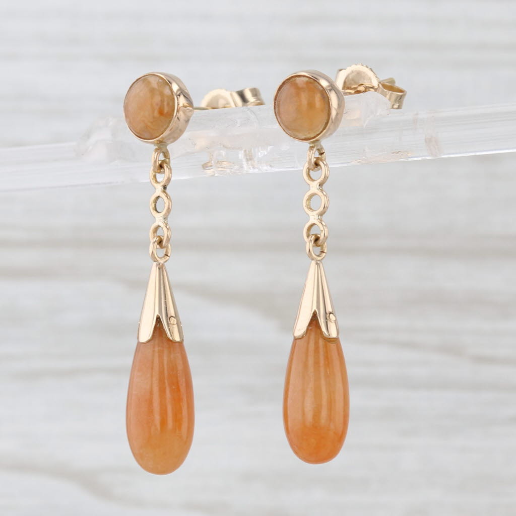 Orange Jadeite Jade Teardrop Earrings 14k Yellow Gold Dangles