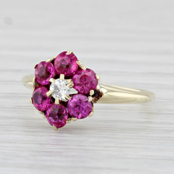 Lab Created Ruby Diamond Flower Ring 14k Yellow Gold Size 4