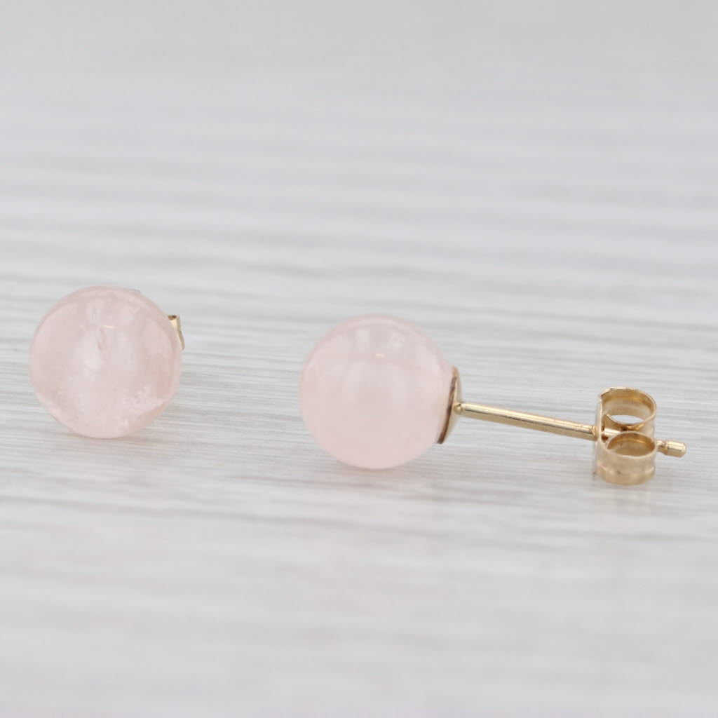 Light Gray 6.3mm Pink Rose Quartz Stud Earrings 14k Yellow Gold Round Solitaire Studs