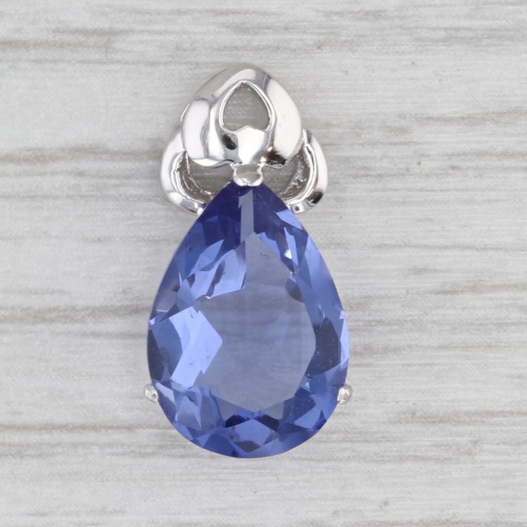 Simulated Sapphire Blue Glass Teardrop Pendant 14k White Gold Heart