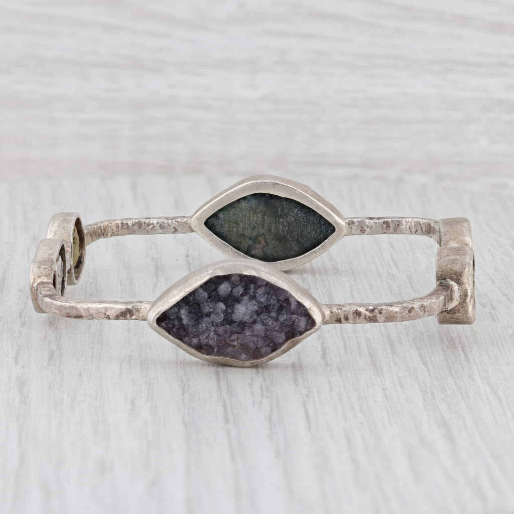 New Nina Wynn Druzy Amethyst Agate Geode Bangle Bracelet Sterling Silver