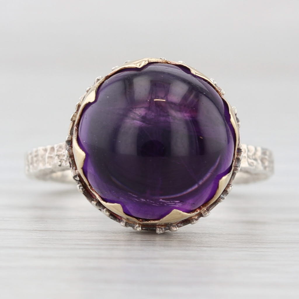 Light Gray Ornate Amethyst Cabochon Solitaire Ring Sterling Silver Gold Plating Size 5