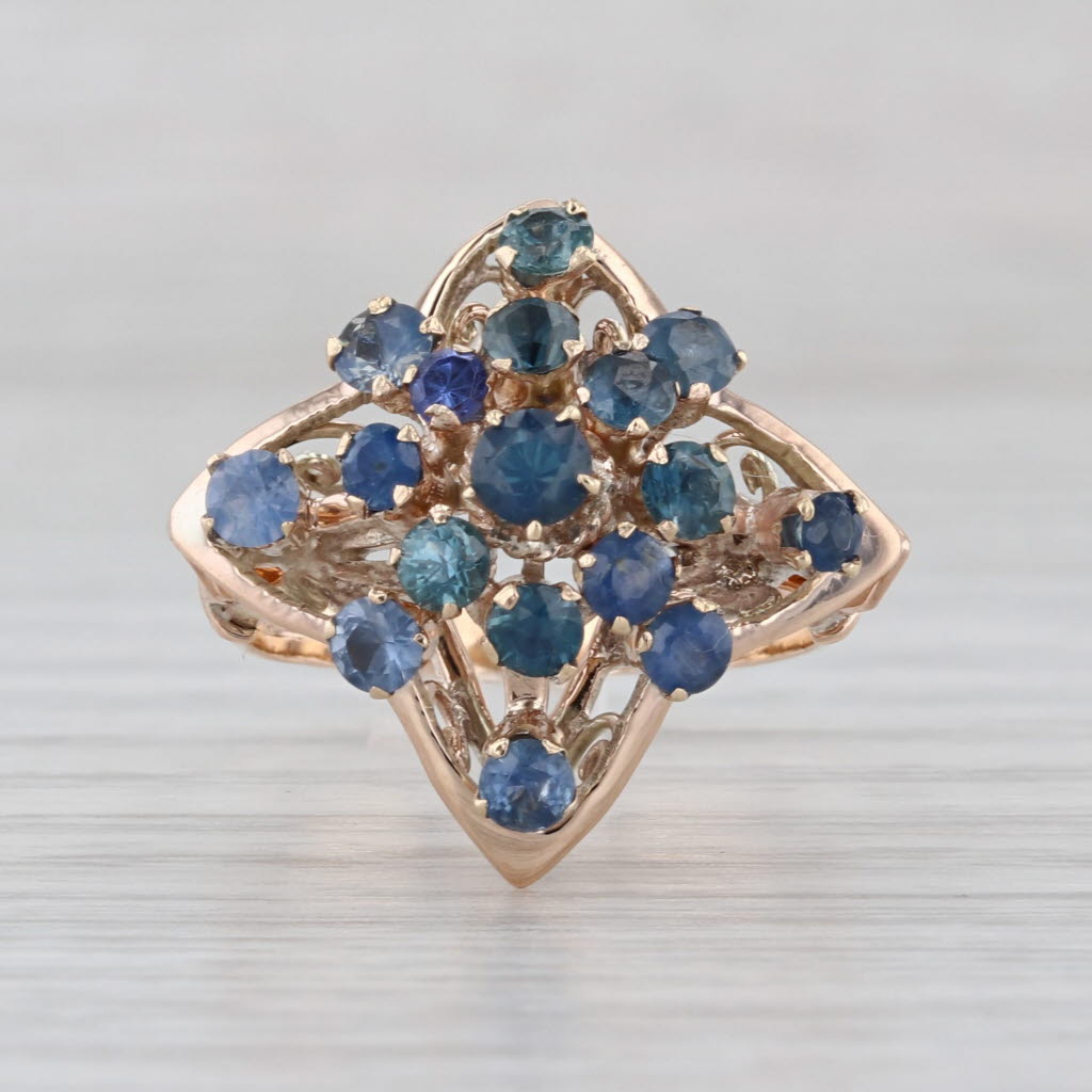Vintage 2.15ctw Blue Sapphire Cluster Ring 14k Gold Size 6.5 Flower Cluster