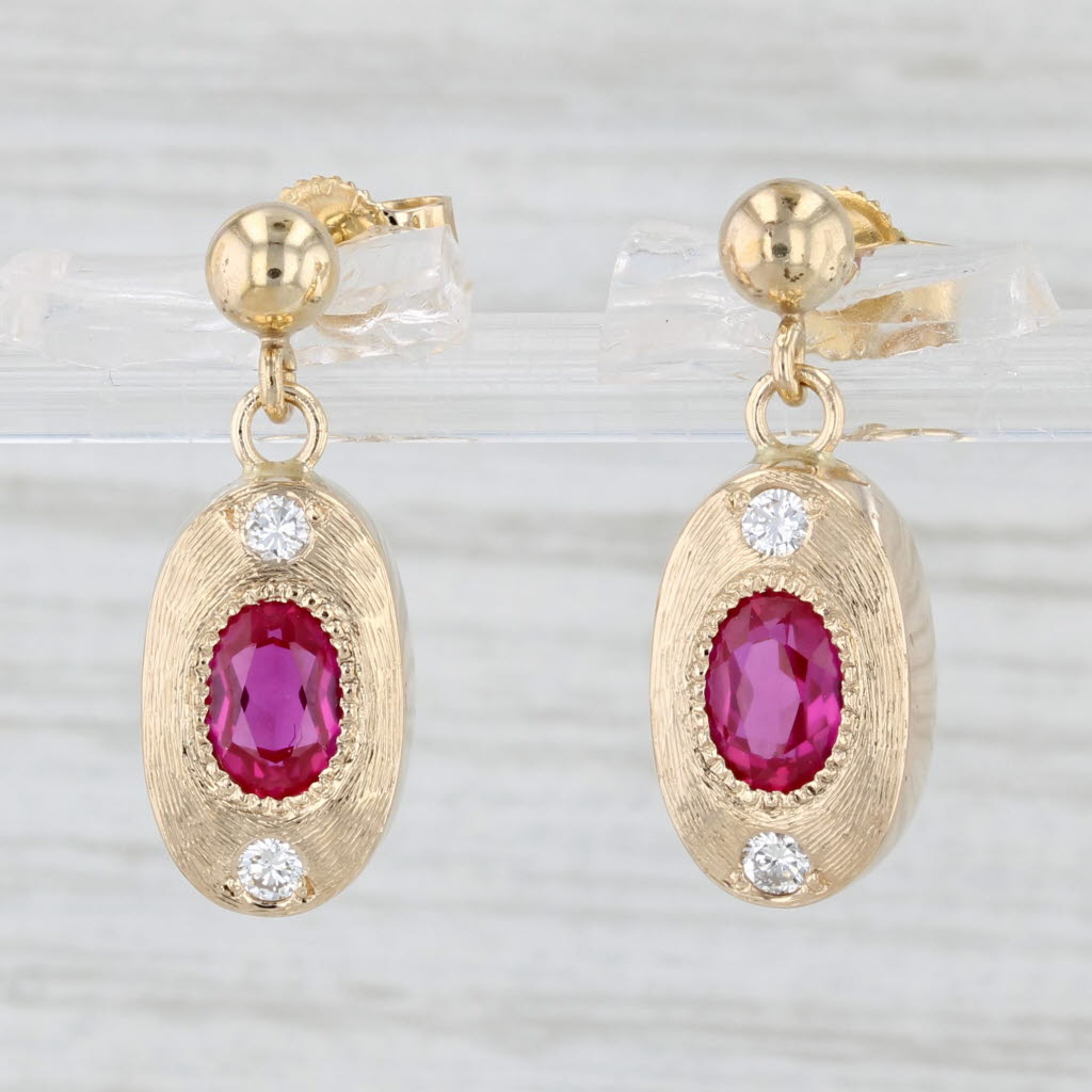 Light Gray 2.12ctw Lab Created Ruby Diamond Dangle Earrings 14k Yellow Gold Oval Drops