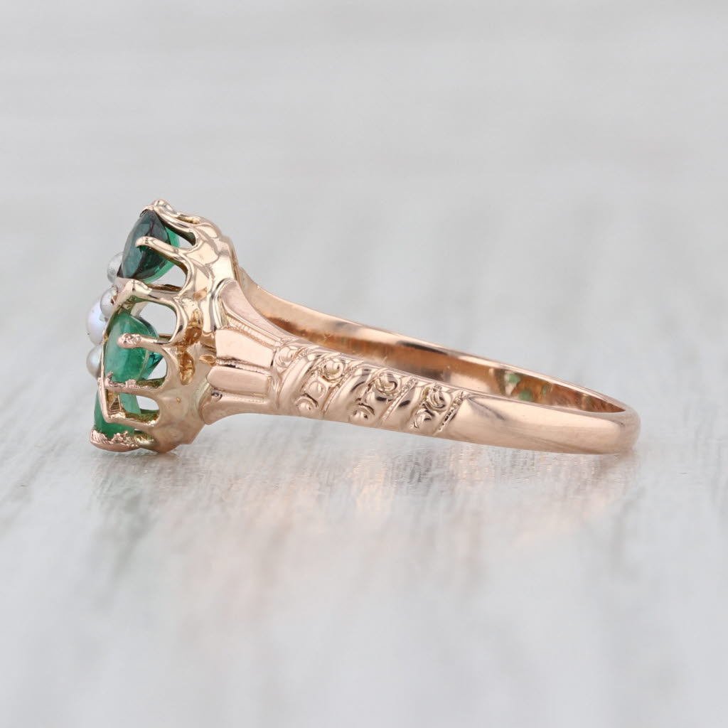 Antique Green Stone Flower Ring 10k Gold Emerald Garnet Glass Imitation Pearls