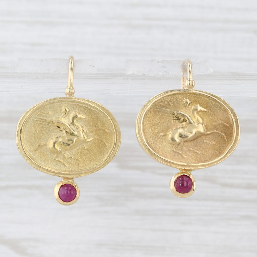 Light Gray Pegasus Ruby Earrings 18k Yellow Gold Lever Back Drops Winged Horse