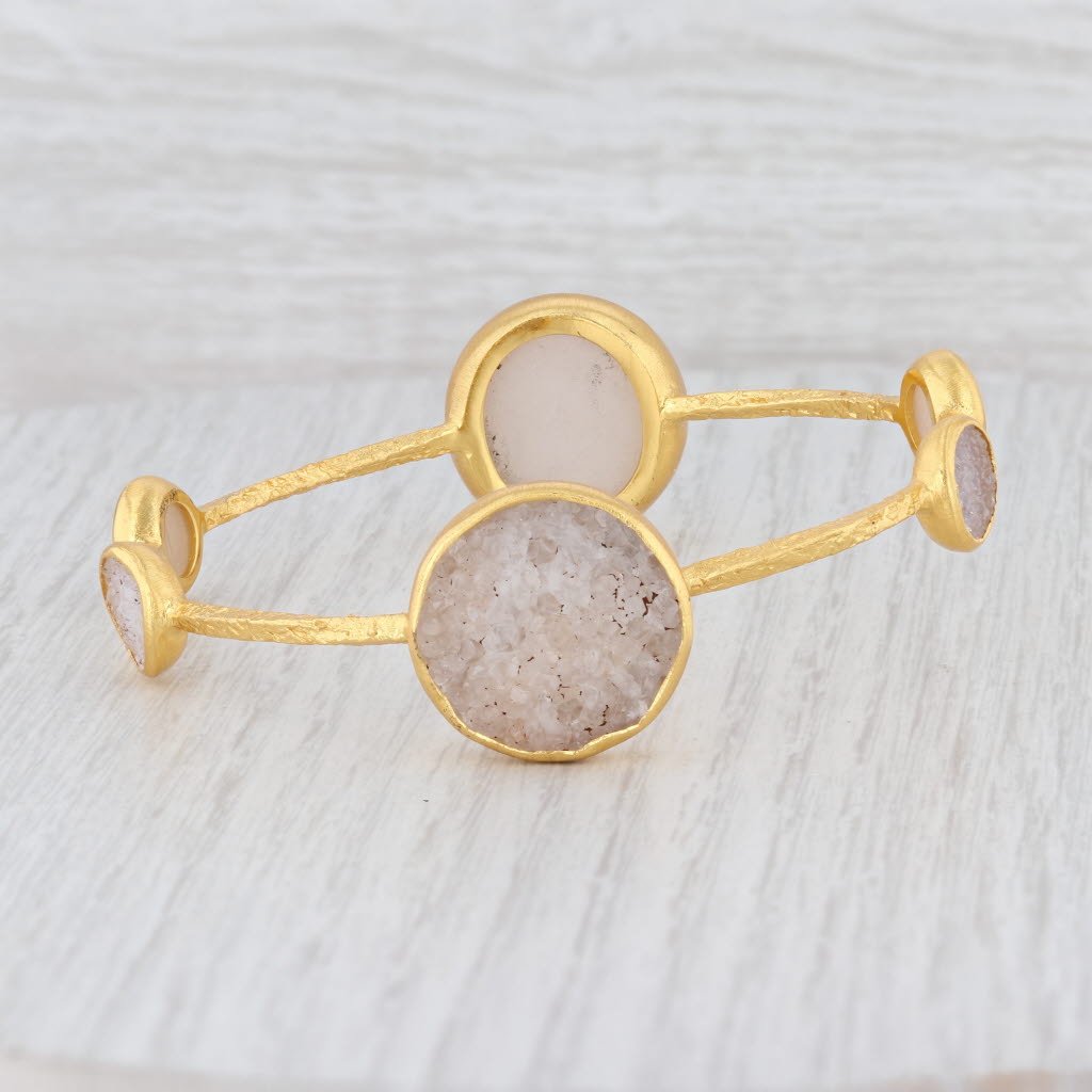New Nina Wynn Bangle Bracelet 8" Druzy Quartz 22k Gold Vermeil Sterling Silver