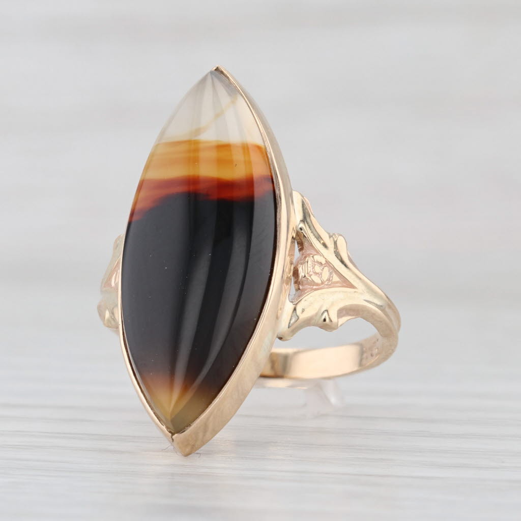 Vintage Chalcedony Agate Navette Solitaire Ring 10k Yellow Gold Size 8.5