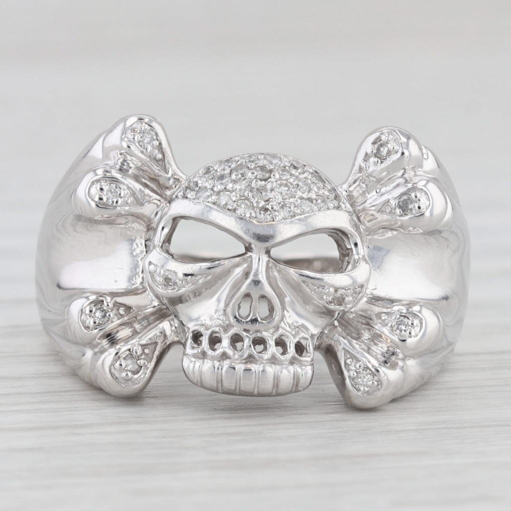 Light Gray 0.15ctw Diamond Skull Cross Bones Ring 14k White Gold Size 12.25 Biker