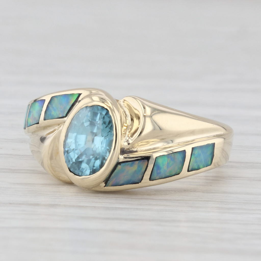 Light Gray Blue Green Opal 1.25ct Blue Zircon Ring 14k Yellow Gold Size 5.75 Bypass