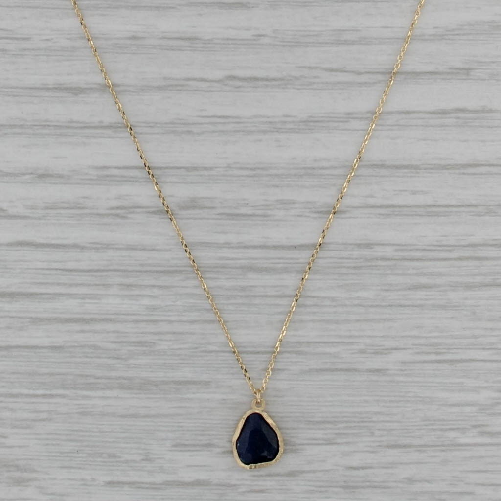 Blue Quartz Teardrop Pendant Necklace 14k Yellow Gold 18" Cable Chain