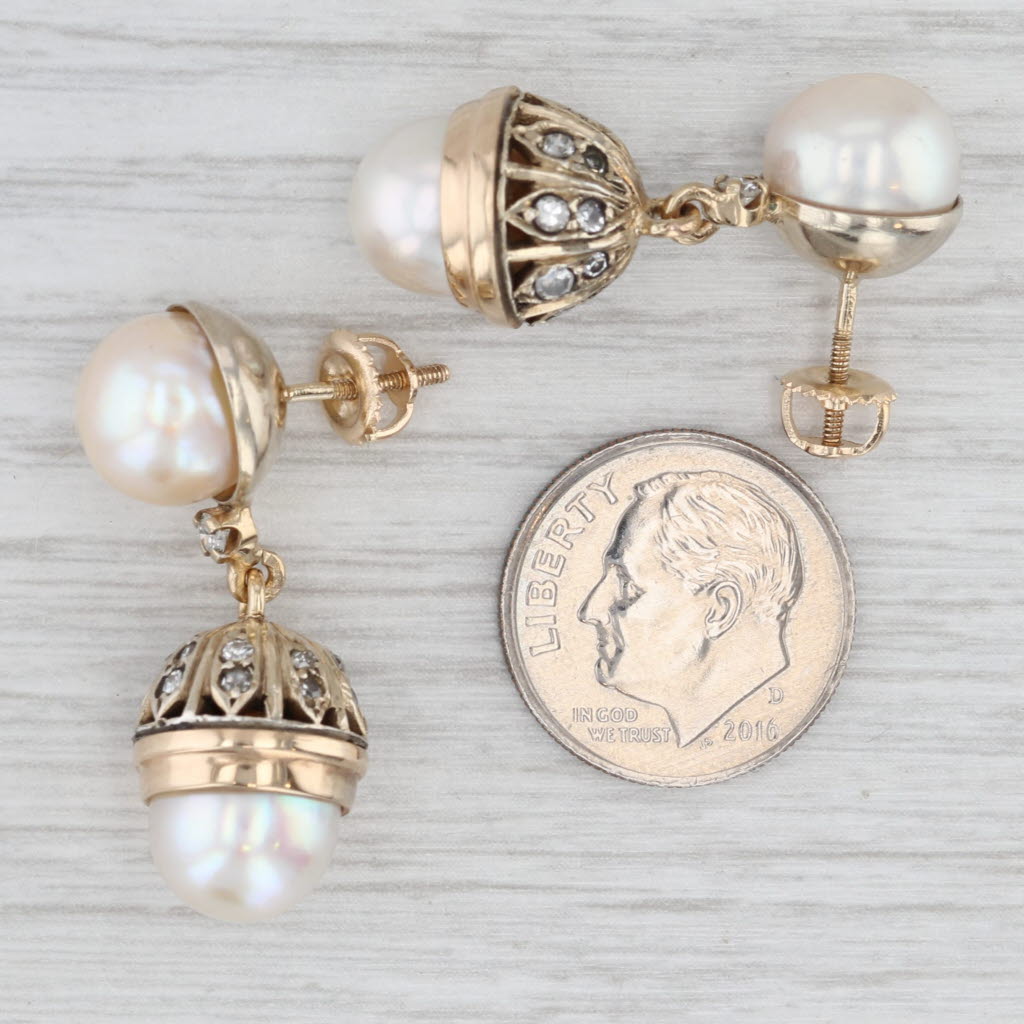 Light Gray Antique Cultured Pearl Diamond Dangle Earrings Silver Gold w/ Box Screw Backs
