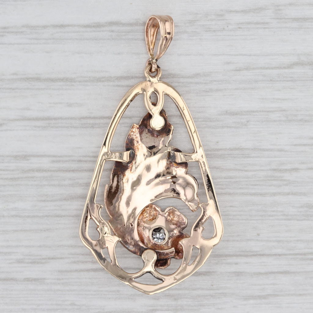 Light Gray Vintage Diamond Floral Pendant 10k Yellow Gold Ornate Openwork