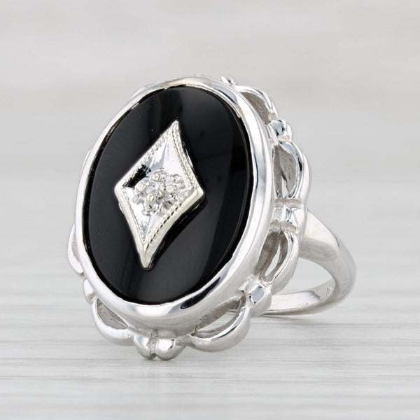 Light Gray Vintage Onyx Diamond Signet Ring 10k White Gold Size 2.25