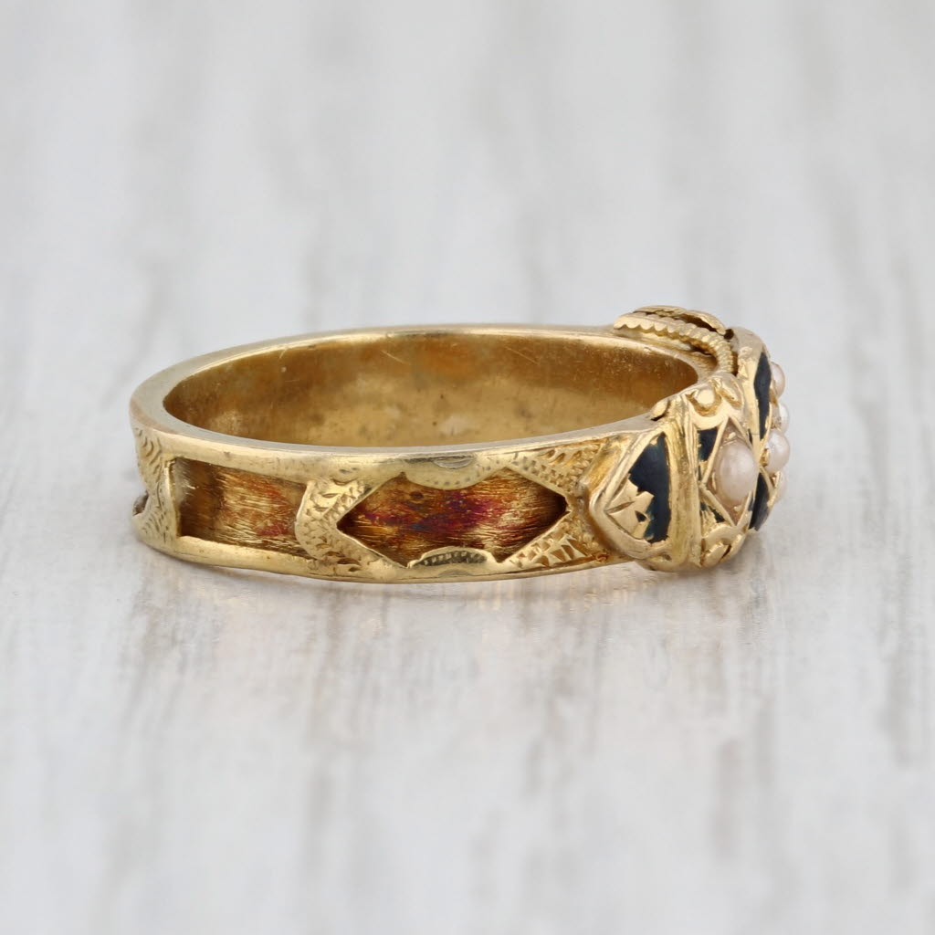 Antique Natural & Imitation Pearl Enamel Ring 18k Yellow Gold Size 6 Band