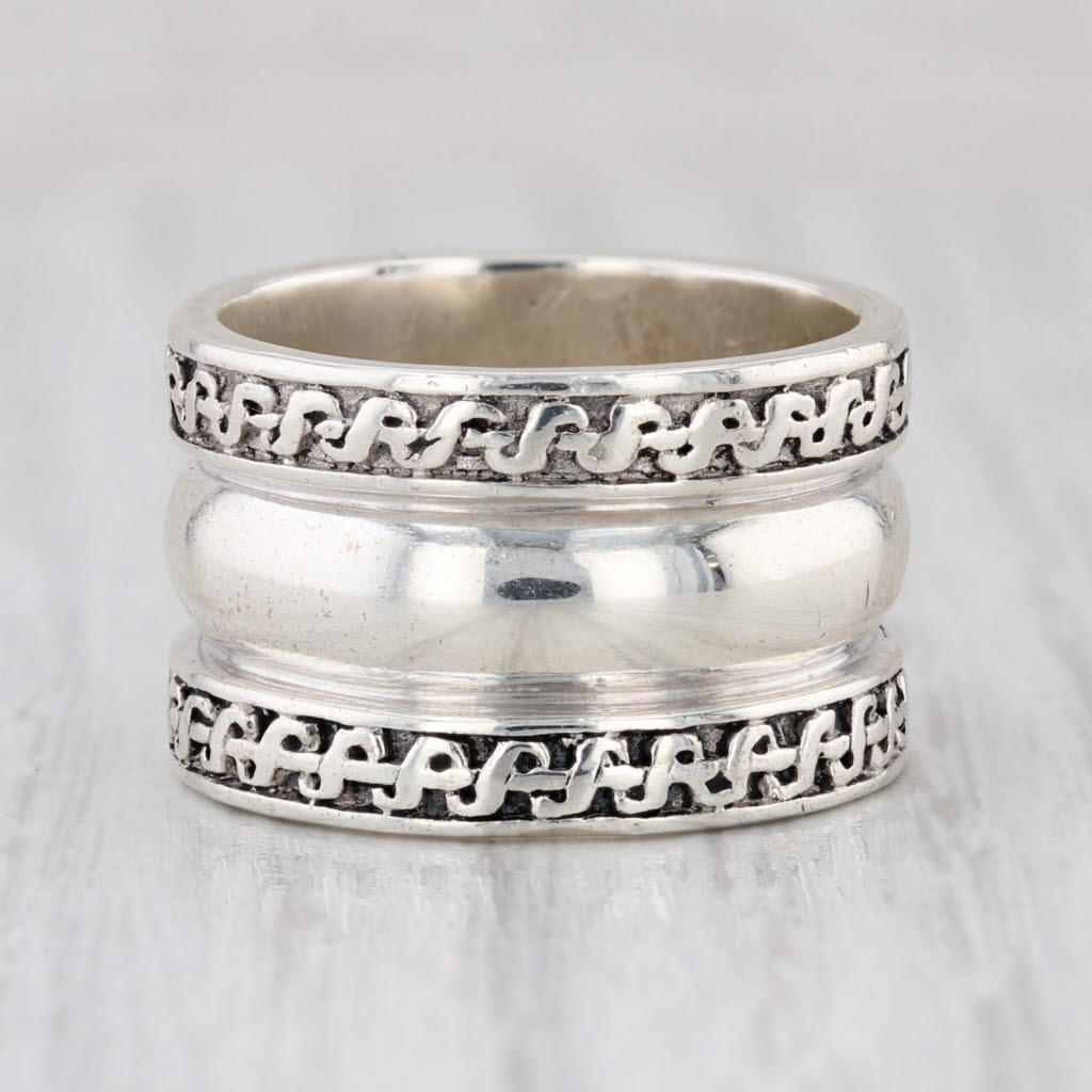 Wide Band Patterned Statement Ring Sterling Silver Size 6.75 12.7mm