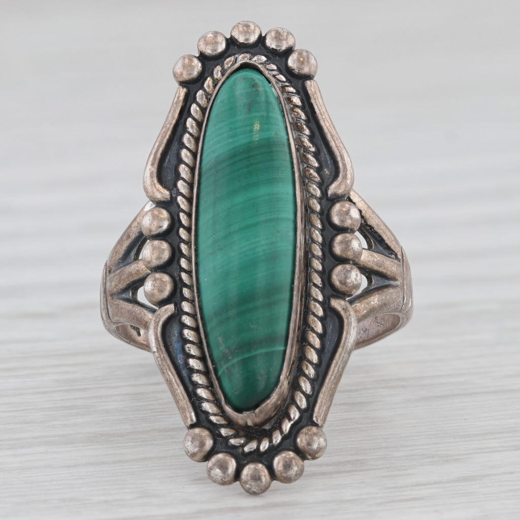 Light Gray Vintage Malachite Native American Ring Sterling silver Size 9 Artisan Signed