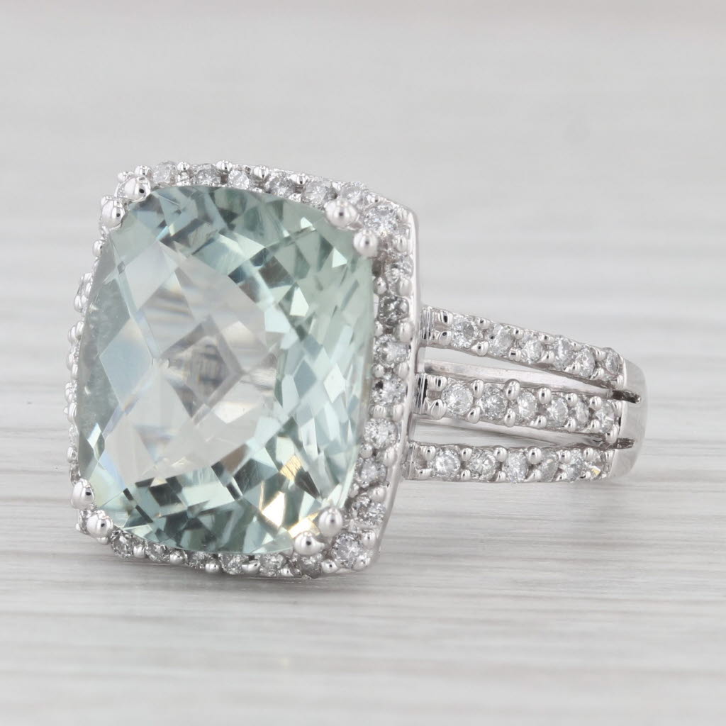 Light Gray 7.37ctw Prasiolite Green Amethyst Diamond Halo Ring 14k White Gold Size 7.25