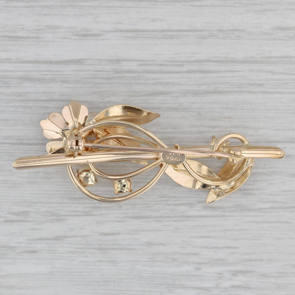 Gray Vintage Cultured Pearl Flower Brooch 14k Yellow Gold Floral Pin