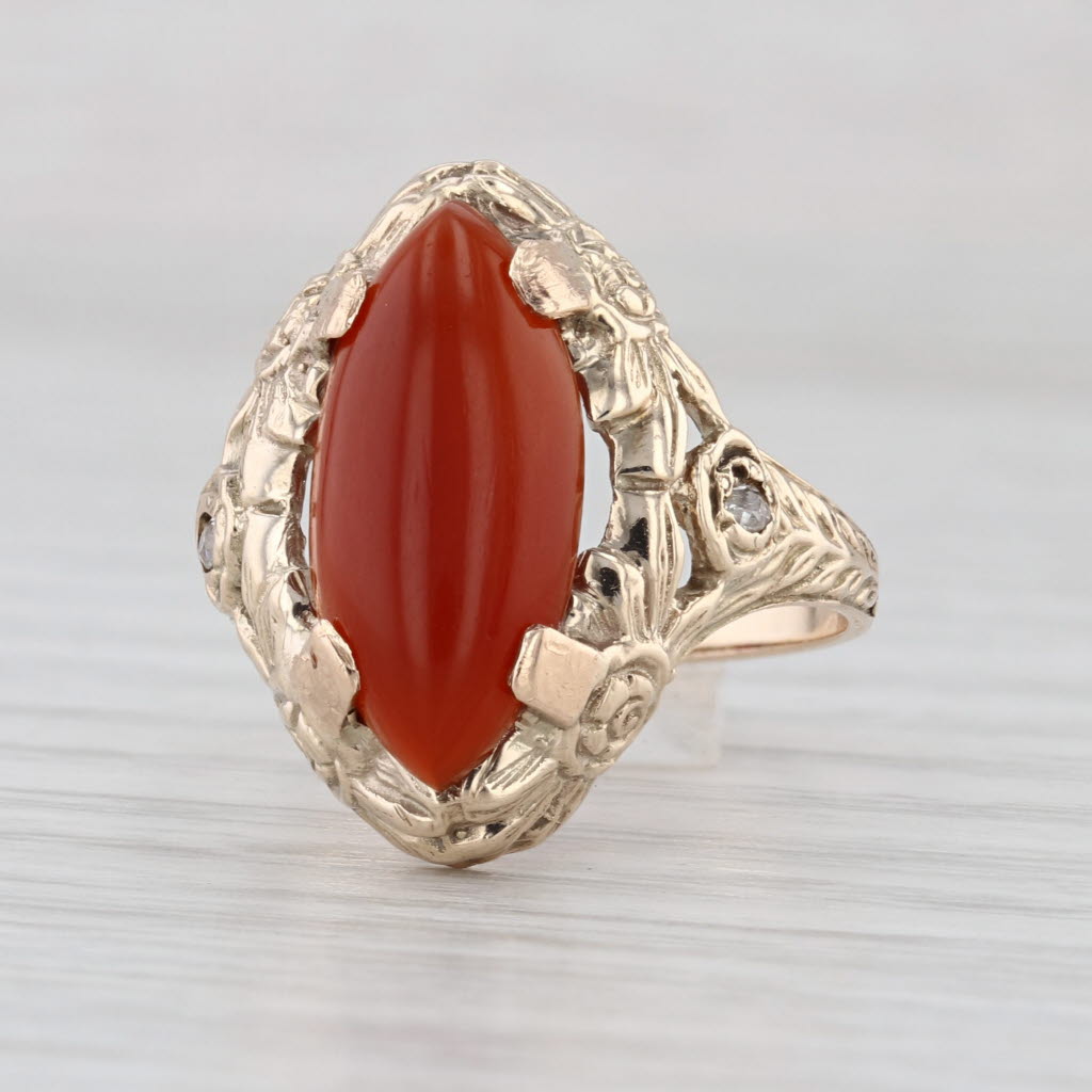 Vintage Ornate Floral Carnelian Ring 10k Yellow Gold Size 7 Oval Cabochon