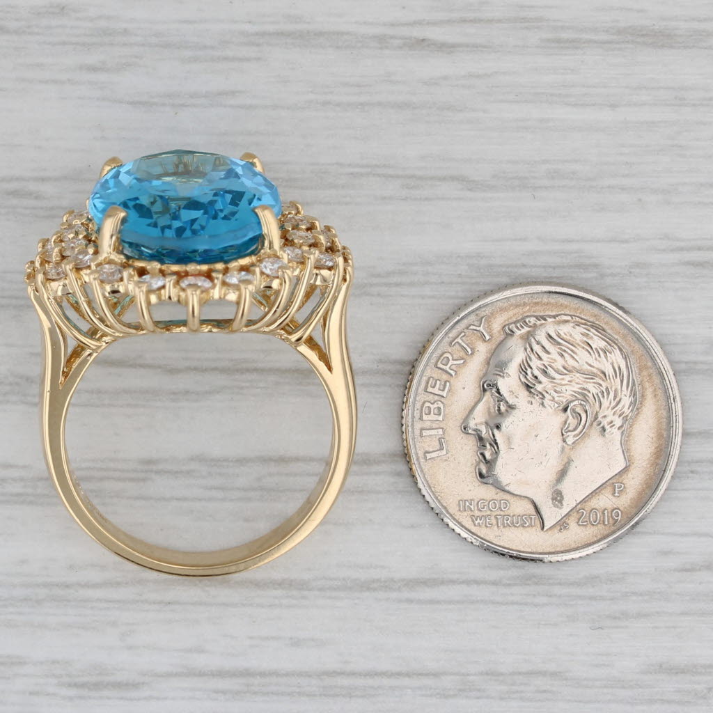 Spark Blue Topaz Diamond Halo Ring 18k Yellow Gold Size 6.5 Cocktail