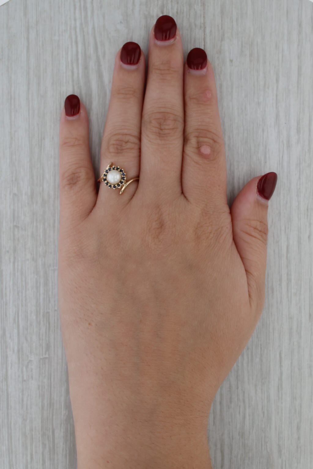 Cultured Pearl Blue Sapphire Halo Bypass Ring 14k Yellow Gold Size 7.25