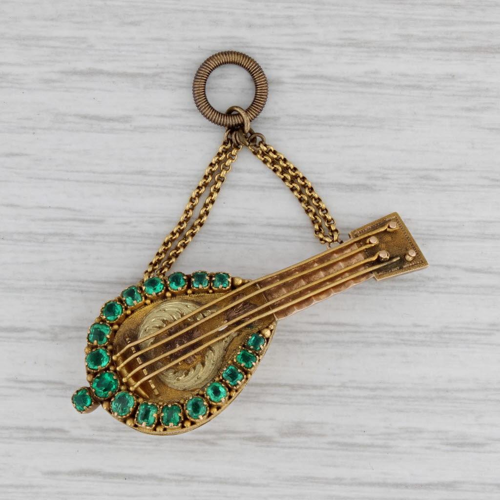 Gray 1800s Antique Mandolin Charm Fob Pendant 18k 21k Gold 0.50ctw Emeralds Guitar