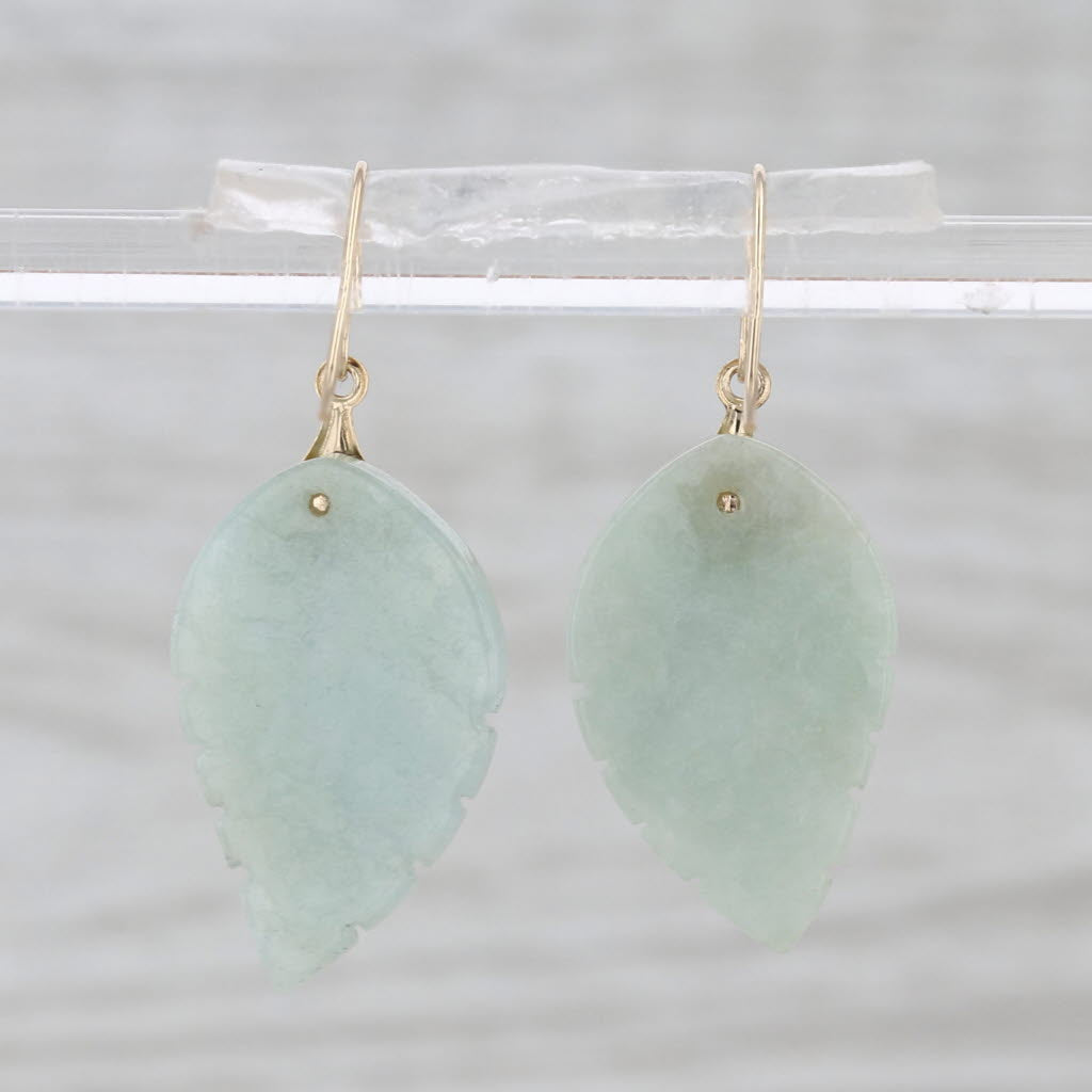 Green Carved Jade Leaf Earrings 14k Yellow Gold Hook Posts