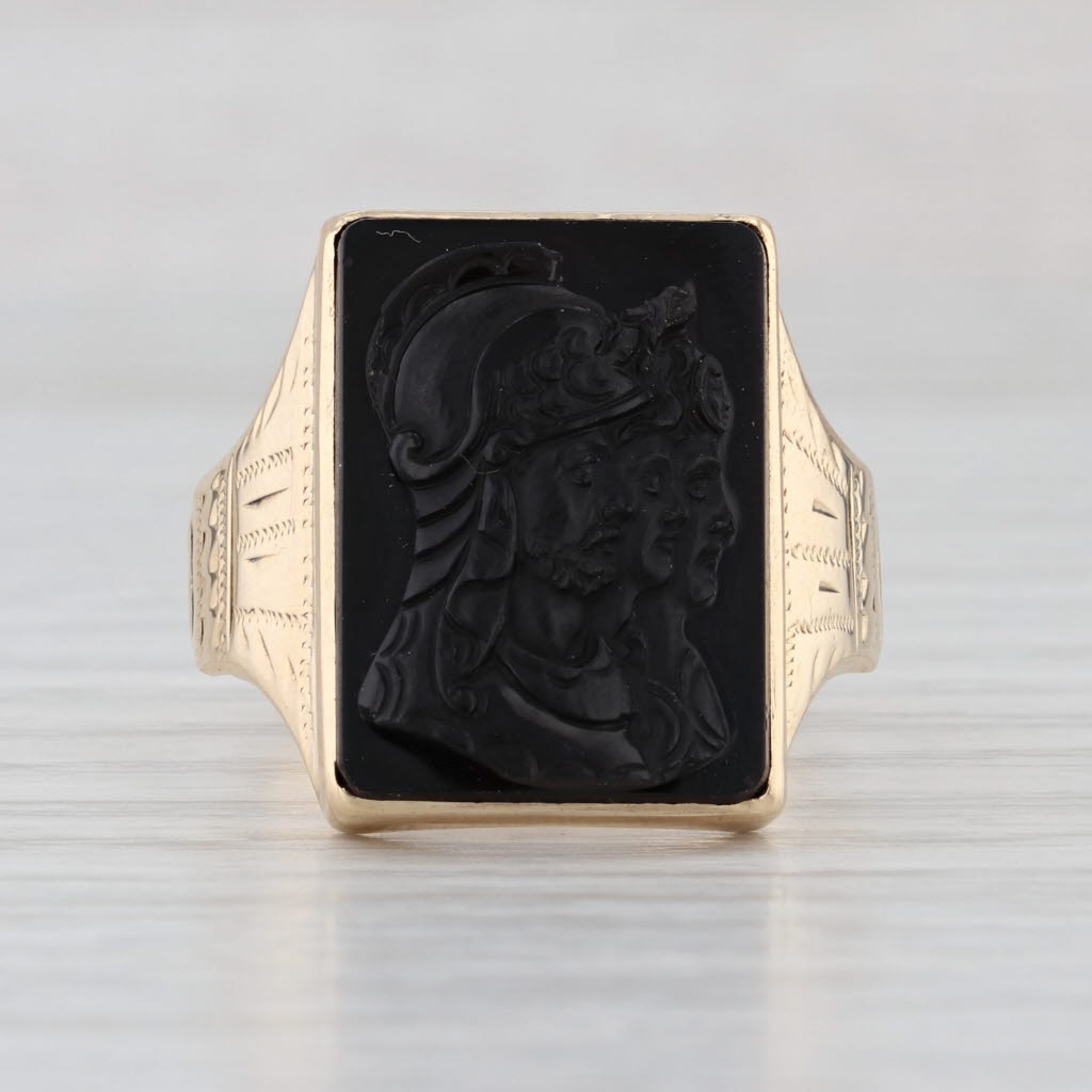 Antique 1923 Brown Chalcedony Cameo Signet Ring 14k Yellow Gold Size 11.25