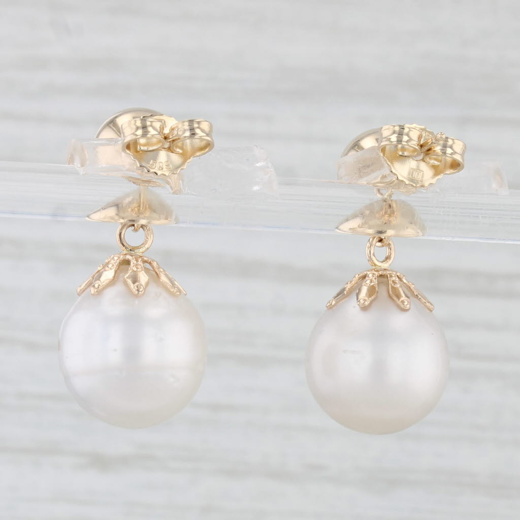 Light Gray Cultured Pearl Bead Drop Earrings 14k Yellow Gold Pierced Dangles