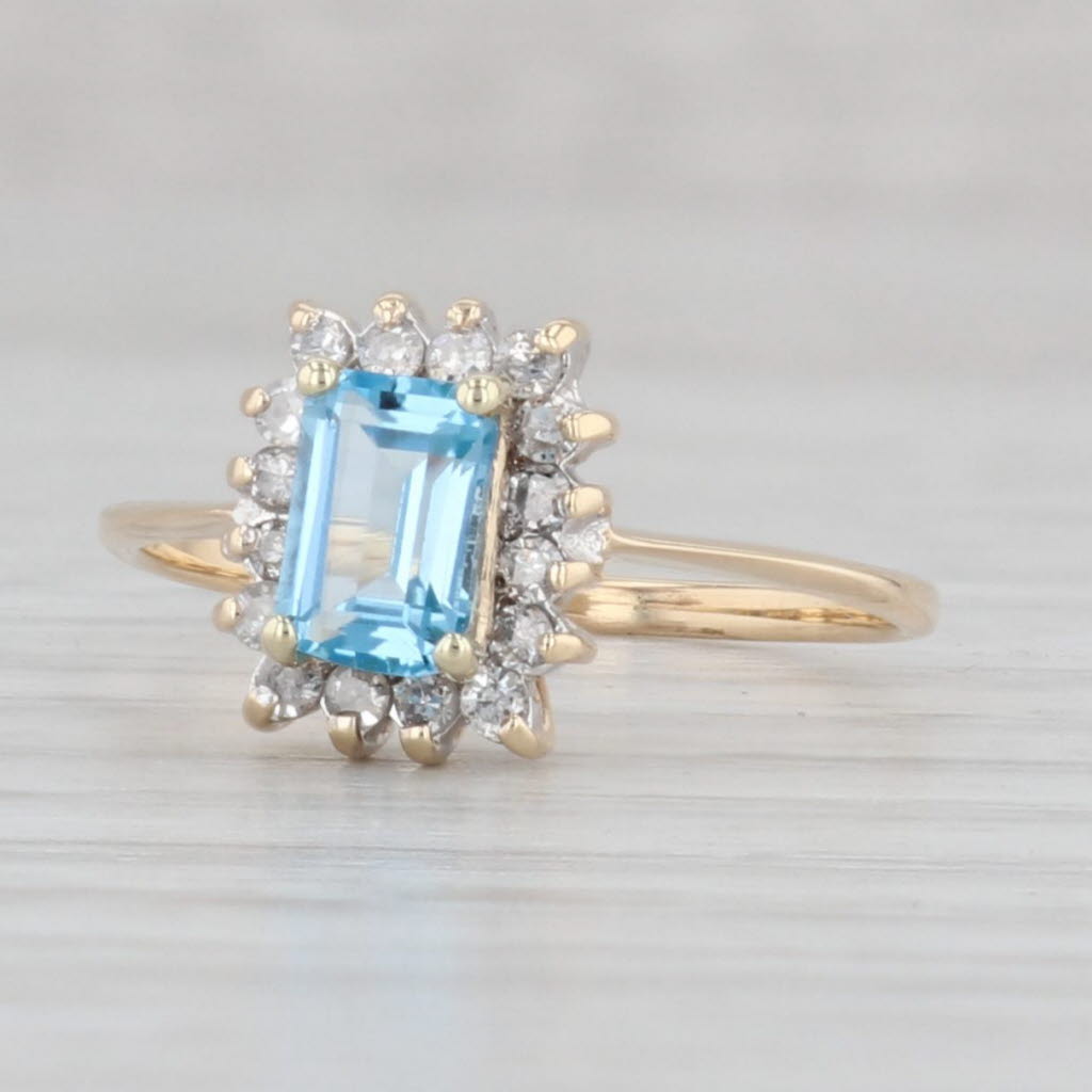 Light Gray 0.84ctw Emerald Cut Blue Topaz Diamond Halo Ring 14k Gold Size 5.5 Engagement