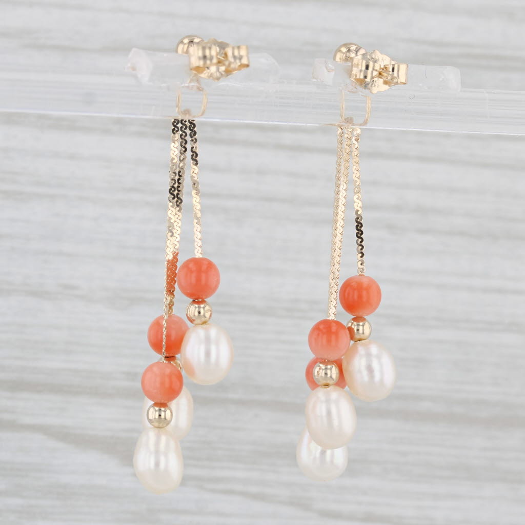 Light Gray Vintage Orange Coral Cultured Pearl Dangle Earrings 14k Yellow Gold Bead Drops