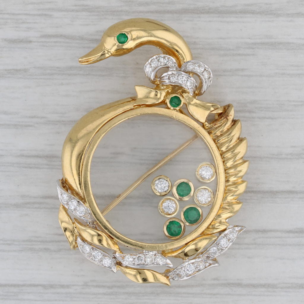 Gray 0.50ctw Floating Emerald Diamond Goose Brooch Pendant 18k Yellow Gold