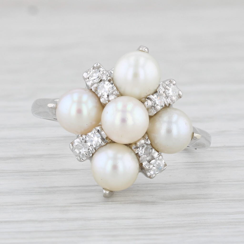 Light Gray Cultured Pearl Diamond Cluster Ring 14k White Gold Size 7.25