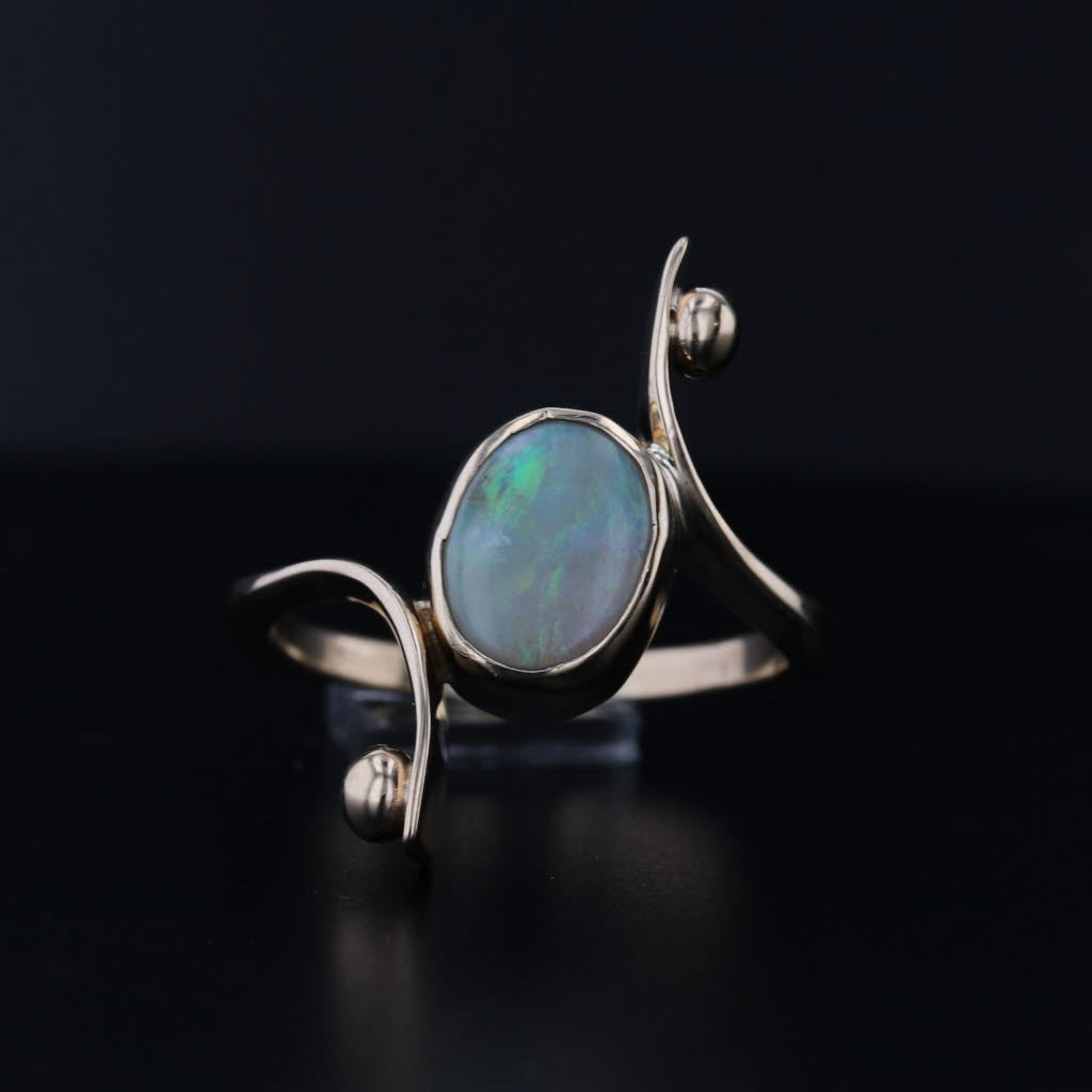 Opal Cabochon Solitaire Bypass Ring 14k Yellow Gold Size 10