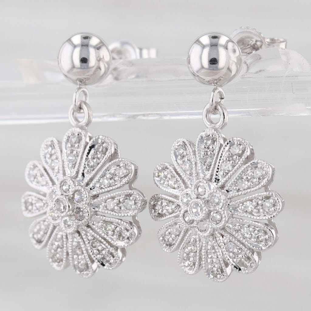 0.30ctw Diamond Flower Dangle Earrings 14k White Gold Floral Drops