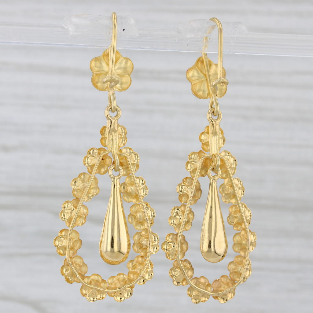 Gray Vintage Flower Wreath Teardrop Dangle Earrings 18k Yellow Gold Hook Posts