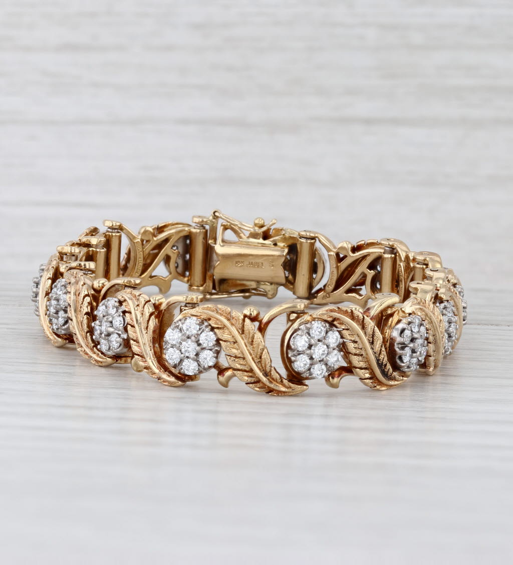 Vintage Jabel 2.50ctw Diamond Flower Leaf Bracelet 18k Yellow Gold 6.5" 10.4mm