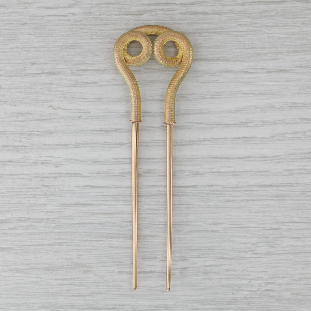 Antique Coiled Snake Hair Pin 14k Yellow Gold 2-Pronged