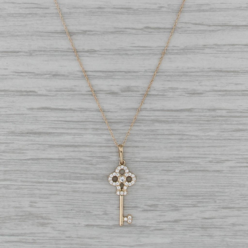 Cubic Zirconia Skeleton Key Pendant Necklace 14k Yellow Gold 18" Rope Chain