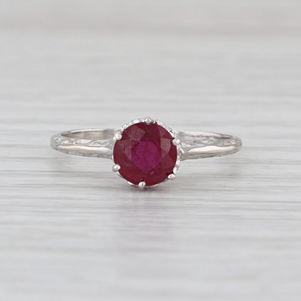 Vintage 0.90ct Ruby Round Solitaire Ring 14k White Gold Size 6.25 Etched Band