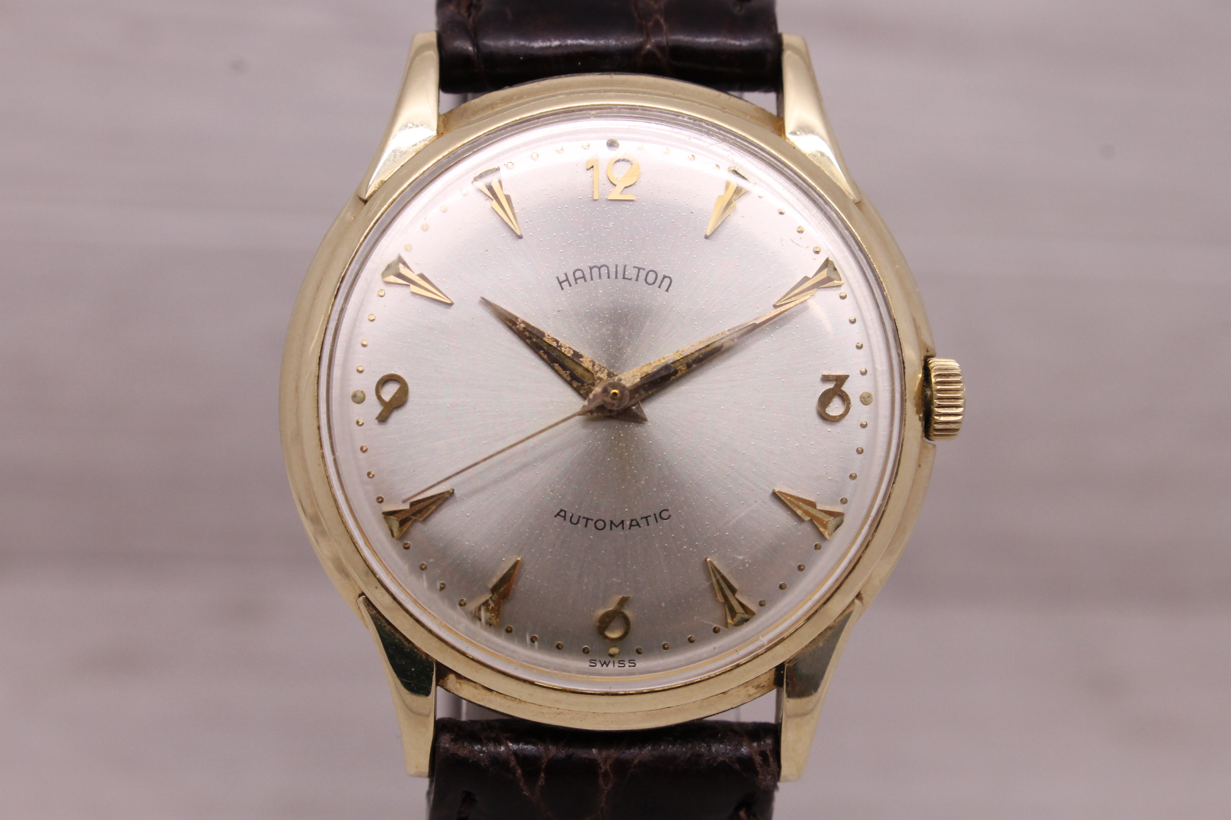 Rosy Brown Vintage c.1960 Hamilton 14k Yellow Gold Mens Automatic Watch c.666 Micro Rotor