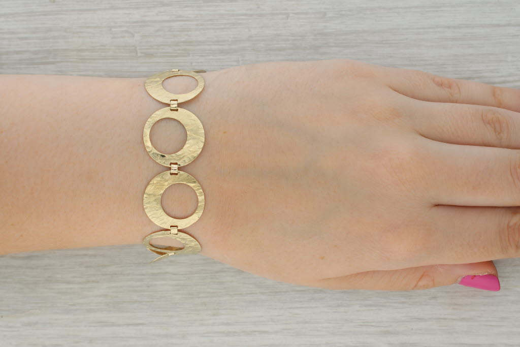 Tan Hammered Linked Circles Bracelet 14k Yellow Gold 7" 21mm