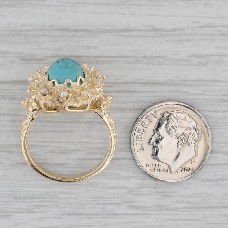 Lab Created Turquoise Pearl Ring 14k Yellow Gold Size 7.5 Oval Cabochon