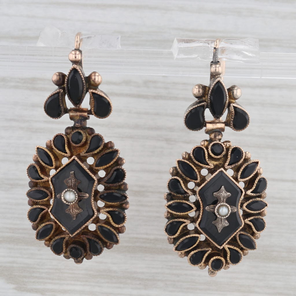 Gray Victorian Black Glass Pearl Earrings Gold Filled Antique Pierced Hook Drops